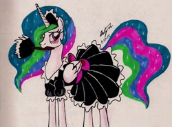 Size: 1539x1131 | Tagged: safe, artist:newyorkx3, princess celestia, alicorn, pony, blushing, clothes, duster, embarrassed, maid, traditional art