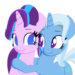 Size: 2160x2160 | Tagged: safe, artist:galawaille, derpibooru import, starlight glimmer, trixie, pony, unicorn, 3d, blender, cel shading, cute, diatrixes, female, glimmerbetes, hug, lesbian, looking at each other, mare, no pupils, shipping, simple background, startrix, transparent background