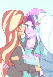 Size: 826x1200 | Tagged: safe, artist:yuck, derpibooru import, starlight glimmer, sunset shimmer, trixie, equestria girls, mirror magic, spoiler:eqg specials, beanie, blushing, female, hat, holding hands, imminent kissing, lesbian, ot3, polyamory, shimmerglimmer, shipping, startrix, startrixset, suntrix