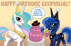 Size: 1200x776 | Tagged: safe, artist:johnjoseco, princess celestia, princess luna, alicorn, pony, birthday, cake, hat