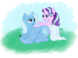 Size: 1024x768 | Tagged: safe, artist:sarcastictrixie, derpibooru import, starlight glimmer, trixie, pony, unicorn, female, lesbian, looking at each other, shipping, sitting, startrix