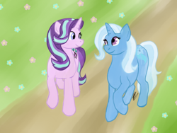 Size: 1024x768 | Tagged: safe, artist:sarcastictrixie, derpibooru import, starlight glimmer, trixie, pony, unicorn, female, flower, lesbian, looking at each other, shipping, startrix, walking