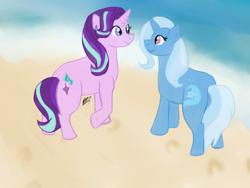 Size: 1024x768 | Tagged: safe, artist:sarcastictrixie, derpibooru import, starlight glimmer, trixie, pony, unicorn, beach, female, lesbian, looking at each other, shipping, startrix