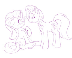 Size: 1000x795 | Tagged: safe, artist:dstears, derpibooru import, starlight glimmer, trixie, pony, unicorn, atg 2017, bedroom eyes, blushing, eye contact, female, lesbian, looking at each other, mare, monochrome, newbie artist training grounds, purple, shipping, simple background, startrix, white background