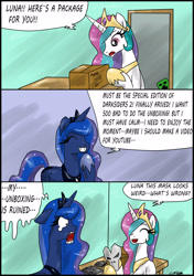 Size: 2161x3070 | Tagged: safe, artist:ciriliko, princess celestia, princess luna, alicorn, pony, comic, creeper, gamer luna, high res