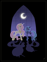 Size: 1200x1600 | Tagged: safe, artist:jdan-s, princess celestia, princess luna, alicorn, pony, crescent moon, duo, female, mare, moon, pink-mane celestia, royal sisters, s1 luna, window