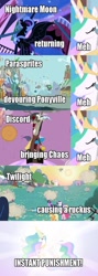 Size: 500x1404 | Tagged: safe, discord, nightmare moon, princess celestia, twilight sparkle, alicorn, parasprite, pony, comic