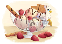 Size: 2480x1771 | Tagged: safe, artist:gocholudek, oc, oc only, oc:der, griffon, chocolate sauce, food, ice cream, male, micro, pirouette, raspberry (food), solo