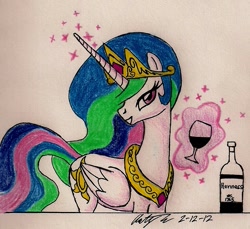 Size: 923x845 | Tagged: safe, artist:newyorkx3, princess celestia, alicorn, pony, alcohol, bottle, classy, glass, solo, traditional art, whiskey