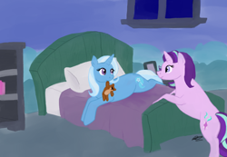 Size: 1018x703 | Tagged: safe, artist:sarcastictrixie, derpibooru import, starlight glimmer, trixie, pony, unicorn, duo, female, lesbian, shipping, starlight's room, startrix, teddy bear