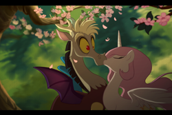 Size: 1418x950 | Tagged: safe, artist:anima-dos, discord, princess celestia, alicorn, pony, cherry blossoms, dislestia, eyes closed, female, flower, flower blossom, interspecies, kissing, male, no more ponies at source, pink-mane celestia, shipping, shocked, straight, surprise kiss, surprised, wide eyes, young, younger