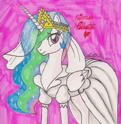 Size: 1061x1082 | Tagged: safe, artist:newyorkx3, princess celestia, alicorn, pony, clothes, dress, female, heart, solo, traditional art, wedding dress, wedding veil