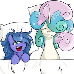 Size: 500x500 | Tagged: safe, artist:kloudmutt, princess celestia, princess luna, alicorn, pony, annoyed, bed mane, blushing, cute, eyes closed, hair over one eye, messy mane, on back, open mouth, s1 luna, smiling