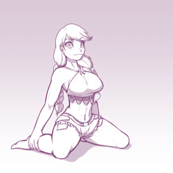 Size: 960x960 | Tagged: safe, artist:scorpdk, applejack, human, applerack, barefoot, belly button, breasts, clothes, daisy dukes, feet, female, freckles, humanized, kneeling, looking at you, midriff, monochrome, raised eyebrow, shorts, shoulder freckles, smiling, solo