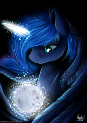 Size: 1024x1448 | Tagged: safe, artist:julunis14, princess luna, alicorn, pony, feather, female, full moon, glowing horn, macro, magic, mare, moon, solo, tangible heavenly object