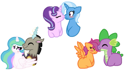 Size: 845x480 | Tagged: safe, artist:mlpfimlover97, derpibooru import, discord, princess celestia, scootaloo, spike, starlight glimmer, trixie, alicorn, dragon, pony, dislestia, female, lesbian, male, scootaspike, shipping, startrix, straight