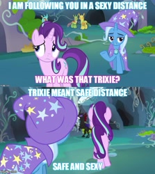 Size: 500x561 | Tagged: safe, derpibooru import, edit, edited screencap, screencap, starlight glimmer, trixie, pony, to change a changeling, female, image macro, lesbian, meme, plot, shipping, startrix, trixie yells at everything