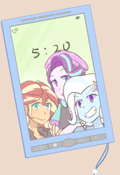 Size: 826x1200 | Tagged: safe, artist:yuck, derpibooru import, starlight glimmer, sunset shimmer, trixie, equestria girls, beanie, female, grin, hat, lesbian, ot3, phone, phone screen, polyamory, selfie, shimmerglimmer, shipping, smiling, startrix, startrixset, suntrix