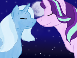 Size: 1280x960 | Tagged: safe, artist:sarcastictrixie, derpibooru import, starlight glimmer, trixie, pony, unicorn, eyes closed, female, lesbian, moon, night, shipping, startrix