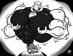 Size: 3300x2550 | Tagged: safe, artist:atmanryu, lord tirek, centaur, growth, hyper, hyper muscle, imminent popping, macro, male, monochrome, muscle expansion, muscle growth, muscles, near bursting, overdeveloped muscles, planet, solo