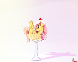 Size: 2500x2000 | Tagged: safe, artist:miokomata, fluttershy, pegasus, pony, alcohol, blushing, cherry, cocktail glass, cup, cup of pony, cute, female, food, glass, looking at you, looking back, mare, martini, micro, shyabetes, simple background, smiling, solo, tiny ponies, wine glass