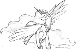 Size: 1095x721 | Tagged: safe, artist:endlessnostalgia, princess celestia, alicorn, pony, dancing, monochrome, sketch, solo