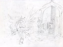 Size: 3739x2800 | Tagged: dead source, safe, artist:jackjacko-eponymous, princess celestia, alicorn, pony, dancing, high res, monochrome, rain, sketch