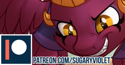 Size: 620x326 | Tagged: safe, artist:sugaryviolet, sphinx, daring done?, grin, macro, patreon, patreon logo, patreon preview, smiling