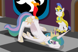 Size: 792x528 | Tagged: safe, artist:philith, philomena, princess celestia, alicorn, pony, depressed, depressedia, depression, royal guard, scooting