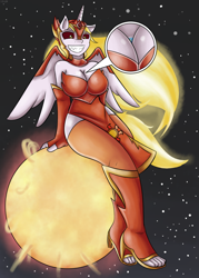 Size: 940x1310 | Tagged: safe, artist:dinobirdofdoom, daybreaker, alicorn, anthro, plantigrade anthro, armor, breasts, cleavage, commission, earth, female, macro, mare, pony bigger than a planet, solo, sun, zoomed in