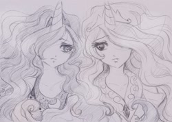 Size: 2323x1650 | Tagged: safe, artist:kiiro-soleil, princess celestia, princess luna, horned humanization, humanized, monochrome, sketch, traditional art