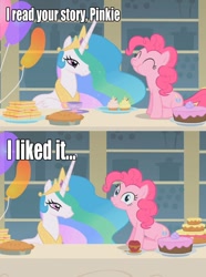 Size: 952x1280 | Tagged: safe, pinkie pie, princess celestia, alicorn, earth pony, pony, cool story bro, female, horn, image macro, mare