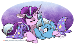 Size: 1024x614 | Tagged: safe, artist:inuhoshi-to-darkpen, derpibooru import, starlight glimmer, trixie, pony, unicorn, blushing, cape, clothes, cuddling, eyes closed, female, hat, lesbian, mare, nuzzling, shipping, simple background, startrix, transparent background, trixie's cape, trixie's hat, unshorn fetlocks