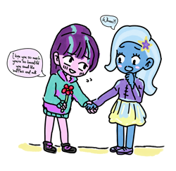 Size: 1280x1238 | Tagged: safe, artist:twilight-sparkle-things, derpibooru import, starlight glimmer, trixie, equestria girls, blushing, dialogue, duo, female, flower, holding hands, lesbian, marriage proposal, shipping, startrix