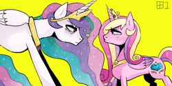 Size: 1000x500 | Tagged: safe, artist:raito1, princess cadance, princess celestia, alicorn, pony, annoyed, drunk celestia, staring contest