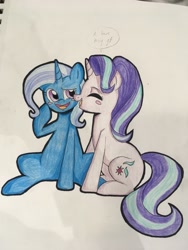 Size: 960x1280 | Tagged: safe, artist:leslers, derpibooru import, starlight glimmer, trixie, pony, unicorn, duo, female, lesbian, shipping, startrix, traditional art