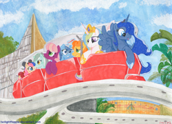 Size: 1390x1000 | Tagged: safe, artist:foxxy-arts, bon bon, carrot top, cheerilee, cherry jubilee, golden harvest, lyra heartstrings, minuette, princess celestia, princess luna, sweetie drops, alicorn, pony, brushie, disney, disneyland, peoplemover