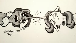 Size: 500x281 | Tagged: safe, artist:nerdicorn, derpibooru import, starlight glimmer, trixie, pony, unicorn, blushing, clothes, duo, female, floppy ears, hat, horns are touching, lesbian, magic, monochrome, shipping, starry eyes, startrix, traditional art, trixie's hat, wingding eyes