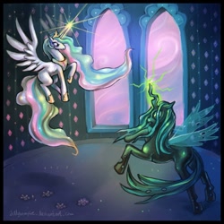 Size: 1000x1000 | Tagged: safe, artist:jellyvampire, princess celestia, queen chrysalis, alicorn, changeling, changeling queen, pony, duo, duo female, female, horn, mare, wings