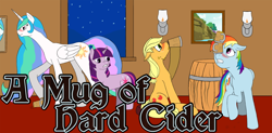 Size: 1024x504 | Tagged: safe, artist:penstrokepony, applejack, princess celestia, rainbow dash, twilight sparkle, alicorn, earth pony, pegasus, pony, cider, cover, drunk, drunk aj, drunker dash, drunklestia