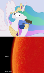 Size: 342x558 | Tagged: safe, artist:enma-darei, princess celestia, alicorn, pony, dear-princesscelestia, reaction image, size comparison, size difference, solo, spit take, stars, sun, vy canis majoris