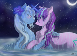 Size: 1214x881 | Tagged: safe, artist:scarletsfeed, derpibooru import, starlight glimmer, trixie, pony, unicorn, blushing, female, lesbian, looking at each other, night, shipping, startrix, wet