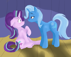 Size: 1000x795 | Tagged: safe, artist:dstears, artist:jbond, color edit, derpibooru import, edit, starlight glimmer, trixie, pony, unicorn, bedroom eyes, blushing, colored, duo, eye contact, female, lesbian, looking at each other, mare, painting, purple, shipping, startrix