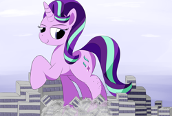 Size: 3496x2362 | Tagged: safe, artist:taurson, starlight glimmer, pony, unicorn, big pony, city, commission, destruction, female, giant pony, giant starlight glimmer, macro, mare, raised hoof, solo, trotting