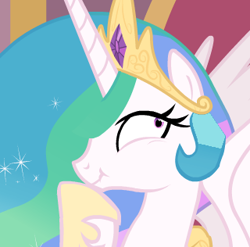 Size: 320x316 | Tagged: safe, princess celestia, alicorn, pony, female, mare, multicolored mane, scrunchy face, solo, white coat