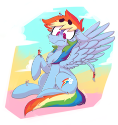 Size: 2353x2500 | Tagged: safe, artist:xieril, rainbow dash, human, pony, beanbrows, chest fluff, commission, eyebrows, giant pony, giant rainbow dash, human male, macro, male, mega/giant rainbow dash, spread wings, wings