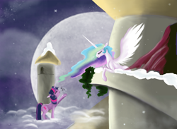 Size: 2113x1548 | Tagged: safe, artist:bri-sta, princess celestia, twilight sparkle, alicorn, pony, balcony, female, lesbian, serenade, shipping, singing, twilestia