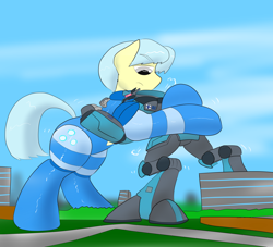 Size: 4400x4000 | Tagged: safe, artist:feyzer, color edit, edit, oc, oc only, oc:ultramare, big cat, lynx, pony, robot, absurd resolution, city, clothes, colored, field, giant pony, macro