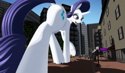 Size: 3520x2050 | Tagged: safe, artist:styroponyworks, rarity, human, pony, unicorn, 3d, blender, car, city, clothes, dock, female, giant pony, looking at something, macro, mare, mixed media, open mouth, people, plot, solo, underhoof, walking, window shopping