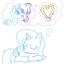 Size: 1024x1024 | Tagged: safe, artist:solarfm, derpibooru import, starlight glimmer, trixie, pony, unicorn, cup, dream, duo, female, glowing horn, heart, lesbian, shipping, sleeping, startrix, teacup